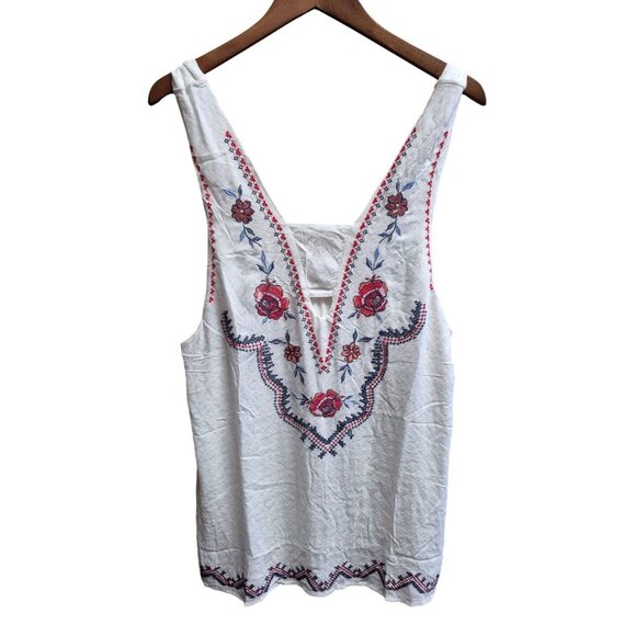 White Embroidered Sleeveless Boho Tunic Top XL W/ Floral Patterns V-Neck Tie-Bac - Picture 2 of 8